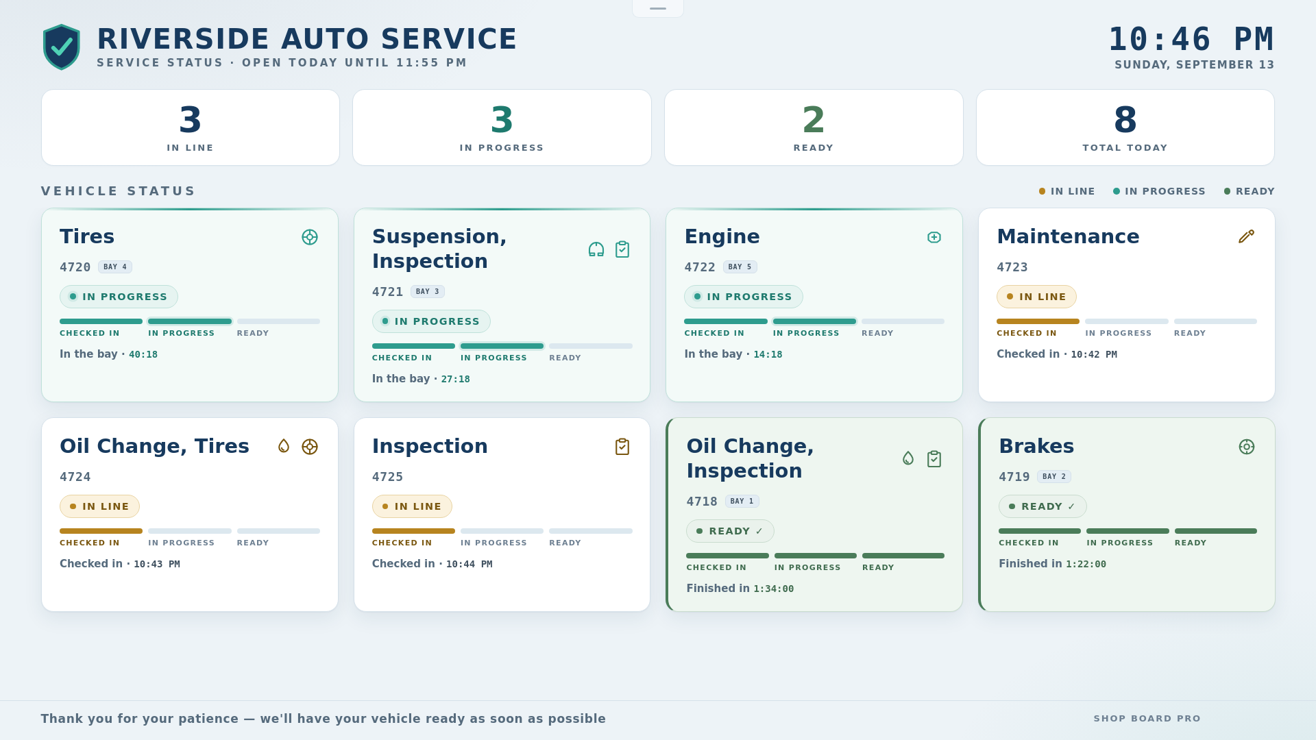 The customer lobby screen: each car shown as a card reading checked in, in
               progress or ready, with no customer name, plate or phone number.