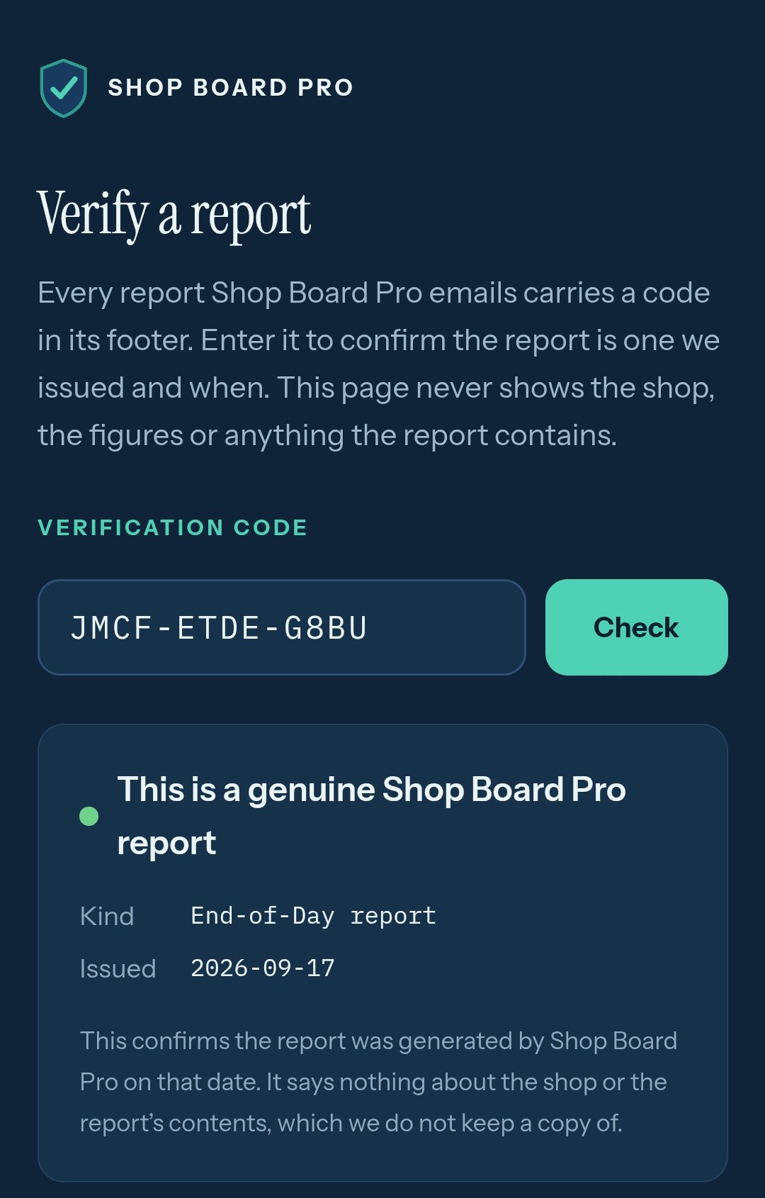 The Shop Board Pro verify page on a phone. The code JMCF-ETDE-G8BU has been checked, and the page reads: This is a genuine Shop Board Pro report. Kind: End-of-Day report. Issued: 2026-09-17.